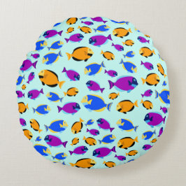 青カラフル海に浮かぶ熱帯魚の柄 ラウンドクッション