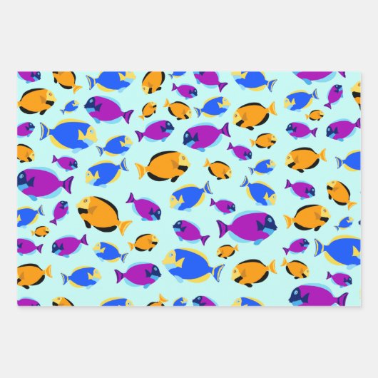 青カラフル海に浮かぶ熱帯魚の柄 ラッピングペーパーシート (正面)