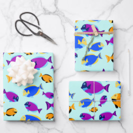 青カラフル海に浮かぶ熱帯魚の柄 ラッピングペーパーシート
