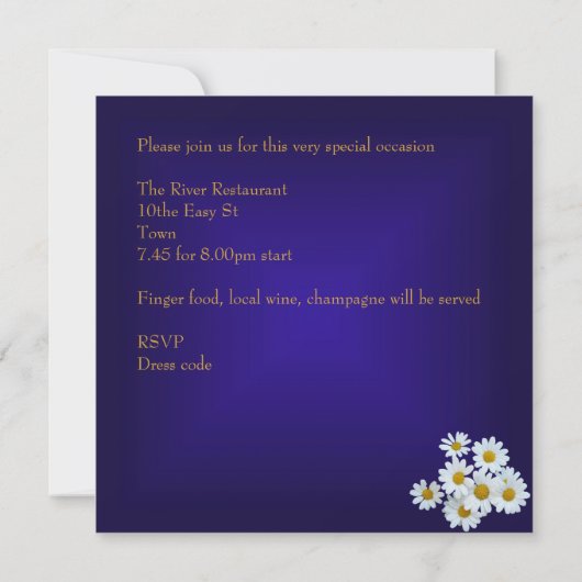 青カラフル白王室の花黄色金ゴールドボウ 招待状 (裏面)