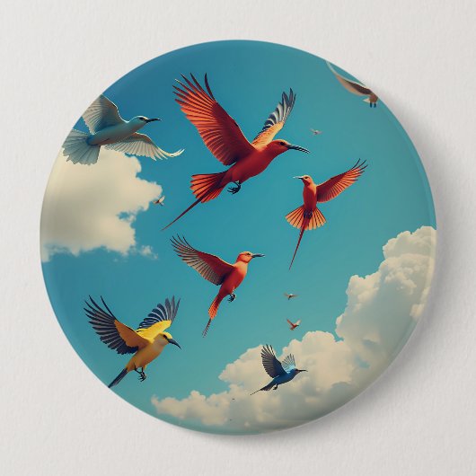 青カラフル空の鳥 缶バッジ (正面)