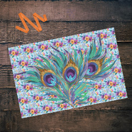 青カラフル紫の孔雀の羽と花 薄葉紙