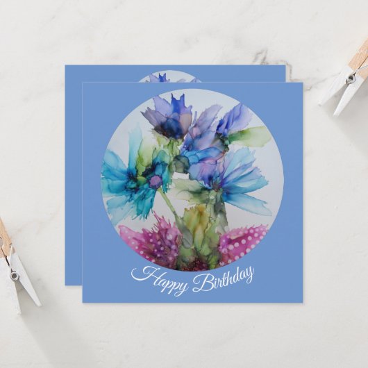 青カラフル紫ピンクグリーンフローラアート (正面/裏面インサイチュ)