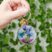青カラフル紫ピンクグリーンフローラアート キーホルダー (手)