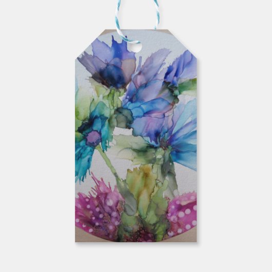 青カラフル紫ピンクグリーンフローラアート ギフトタグ (裏面)