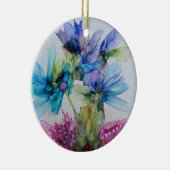 青カラフル紫ピンクグリーンフローラアート セラミックオーナメント (右)