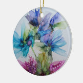 青カラフル紫ピンクグリーンフローラアート セラミックオーナメント (左)