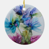 青カラフル紫ピンクグリーンフローラアート セラミックオーナメント (裏面)