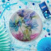 青カラフル紫ピンクグリーンフローラアート ペーパープレート (パーティー)