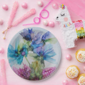 青カラフル紫ピンクグリーンフローラアート ペーパープレート (パーティー)