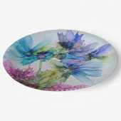 青カラフル紫ピンクグリーンフローラアート ペーパープレート (アングル)