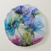 青カラフル紫ピンクグリーンフローラアート ラウンドクッション (裏面)