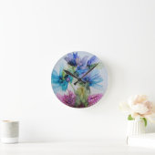 青カラフル紫ピンクグリーンフローラアート ラウンド壁時計 (ホーム)