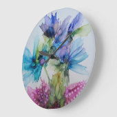 青カラフル紫ピンクグリーンフローラアート ラージ壁時計 (傾斜)