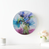 青カラフル紫ピンクグリーンフローラアート ラージ壁時計 (ホーム)