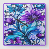 青カラフル紫フローラアート スクエア壁時計 (正面)