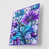 青カラフル紫フローラアート スクエア壁時計 (傾斜)