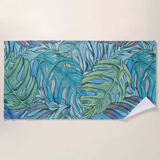 青カラフル緑の熱帯葉水色 ビーチタオル (正面)
