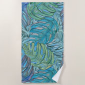 青カラフル緑の熱帯葉水色 ビーチタオル (正面)