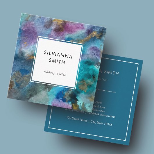 青カラフル緑ティール（緑がかった色）水彩抽象芸術 スクエア名刺