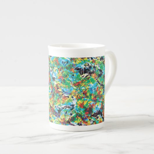 青カラフル緑春花文芸術 ボーンチャイナマグカップ (正面右)