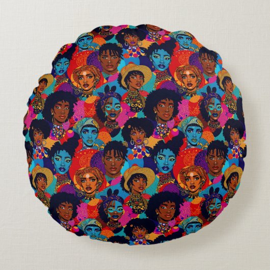青カラフル色のアフリカ人女性 ラウンドクッション (正面)