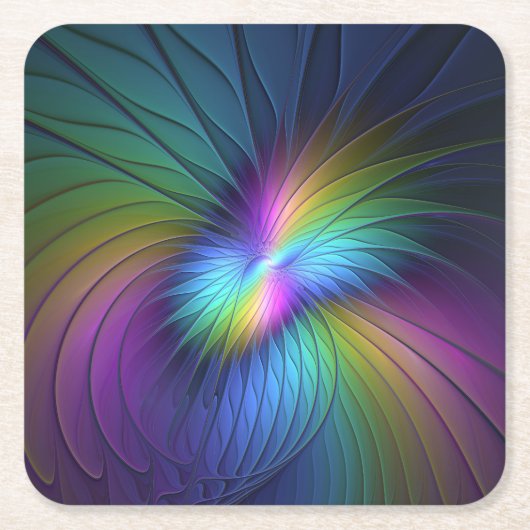 青カラフル色の抽象芸術モダンフラクタル スクエアペーパーコースター (正面)
