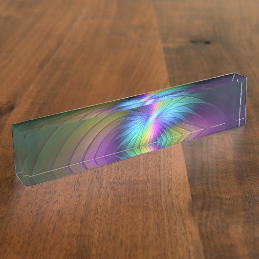 青カラフル色の抽象芸術モダンフラクタル デスクネームプレート (側面)