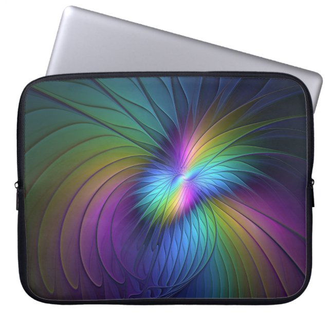 青カラフル色の抽象芸術モダンフラクタル ラップトップスリーブ (正面)