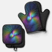 青カラフル色の抽象芸術モダンフラクタル 鍋つかみ&鍋敷きセット (正面/裏面)