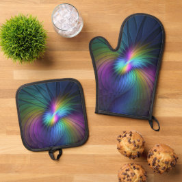 青カラフル色の抽象芸術モダンフラクタル 鍋つかみ&鍋敷きセット