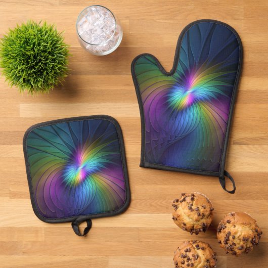 青カラフル色の抽象芸術モダンフラクタル 鍋つかみ&鍋敷きセット (トップダウン)