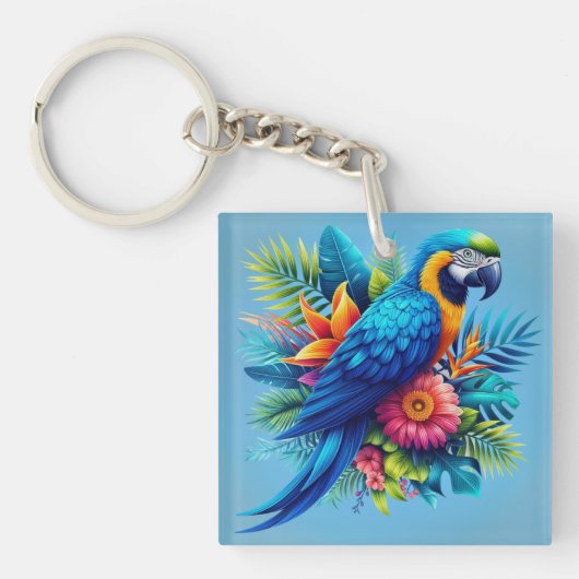 青カラフル色の熱帯マカオ キーホルダー (正面)