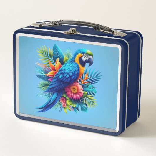 青カラフル色の熱帯マカオ メタルランチボックス (正面)