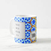 青カラフル色六角花柄 コーヒーマグカップ (正面左)