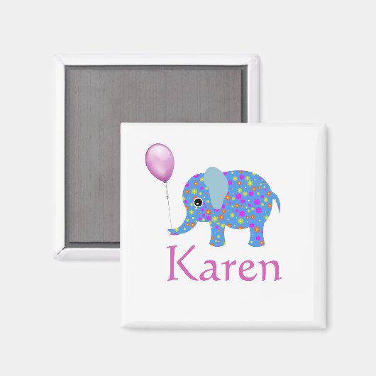 青カラフル象 |紫色のバルーンと名前 マグネット (正面/裏面)