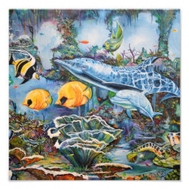 青カラフル赤黄色の海洋動物 フォトプリント           