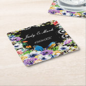 青カラフル鳥植物性フローラ スクエアペーパーコースター (アングル)