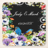青カラフル鳥植物性フローラ スクエアペーパーコースター (正面)
