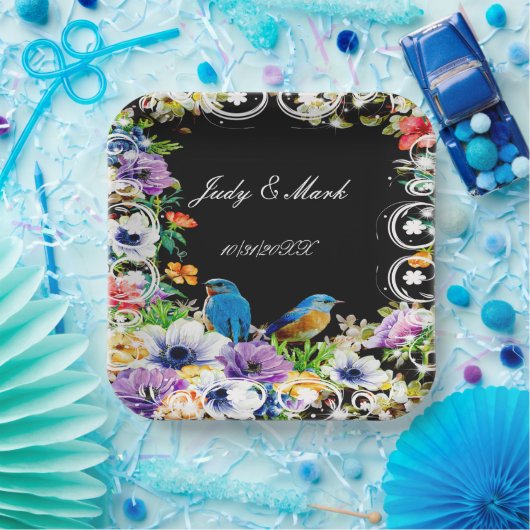 青カラフル鳥植物性フローラ ペーパープレート (パーティー)