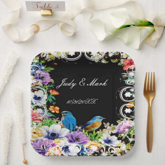 青カラフル鳥植物性フローラ ペーパープレート (ウェディング)