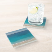 青カリブの海と岸モダン ガラスコースター (アングル)