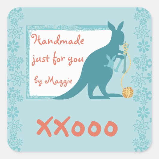 青カンガルー編み物針の糸玉 スクエアシール (正面)