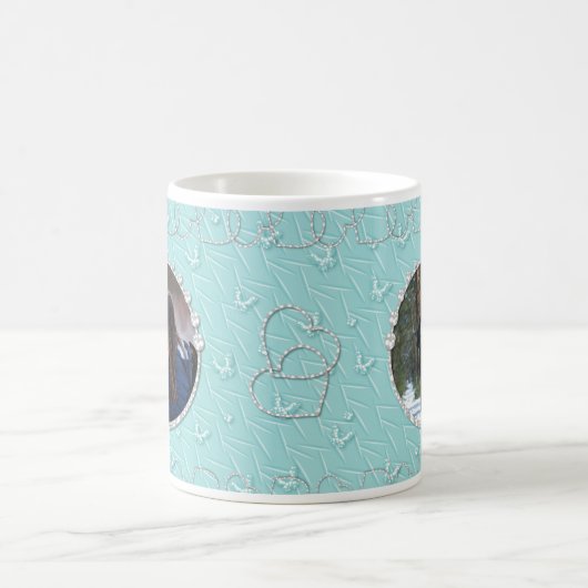 青ガーリースパークフェイクリー2枚フォトハートアクセント コーヒーマグカップ (中央)