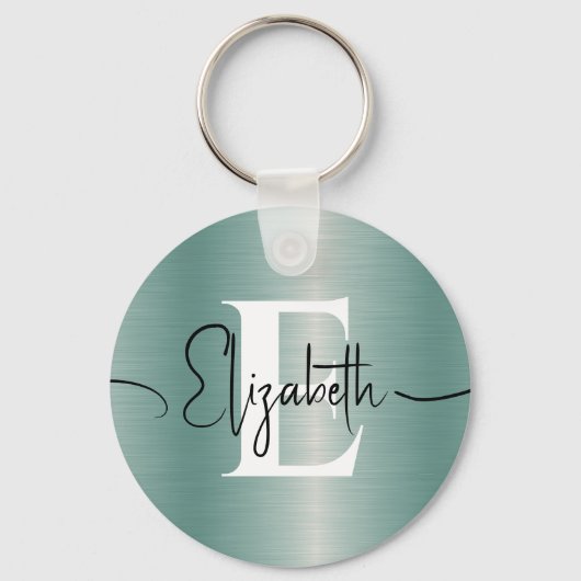 青ガーリーブラシ仕上げ金属モノグラムとスクリプト名 キーホルダー (裏面)