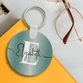 青ガーリーブラシ仕上げ金属モノグラムとスクリプト名 キーホルダー