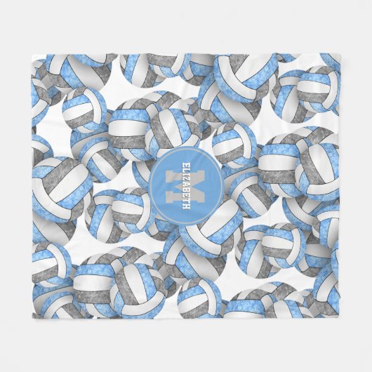 青ガーリー灰色バレーボールスポーツチームカラー フリースブランケット (正面(横))