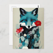 青キツネ赤と白花 ポストカード (正面/裏面)