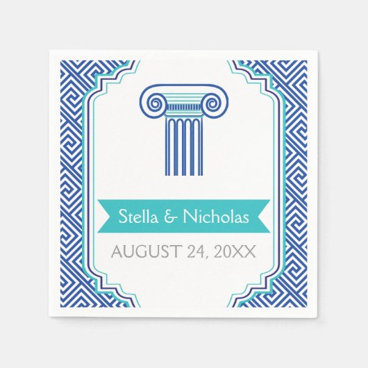 青ギリシャ鍵とコラム結婚ギリシャ スタンダードカクテルナプキン (正面)