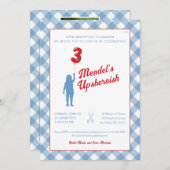 青ギンガムと赤い風船のアップシャーイン写真招待状 招待状 (正面/裏面)